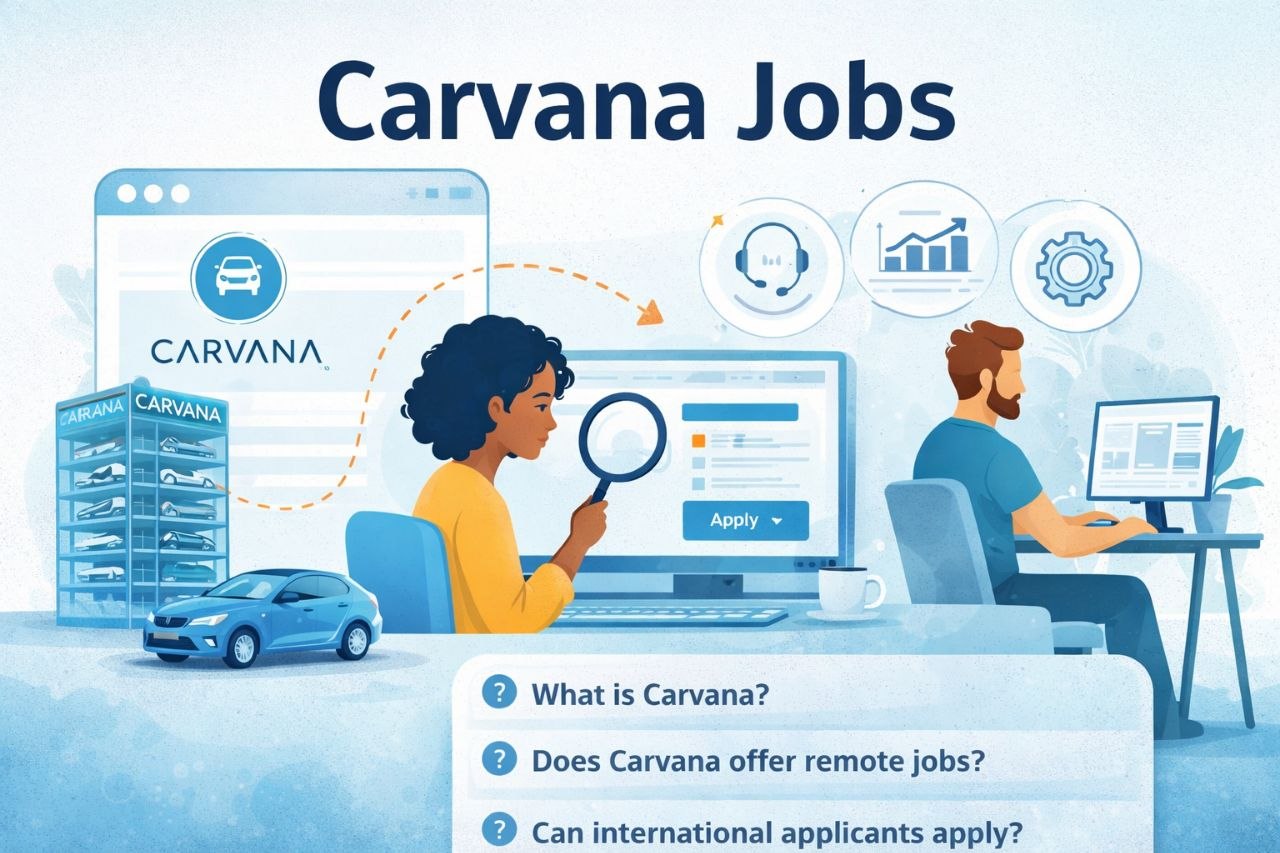 Carvana jobs 2026 illustration showing online job application, remote work and salary opportunities