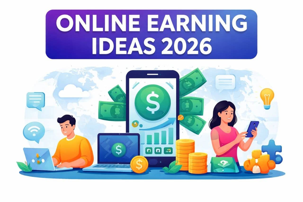 Best online earning ideas 2026 concept with smartphone, laptop, dollar signs and global online work illustration