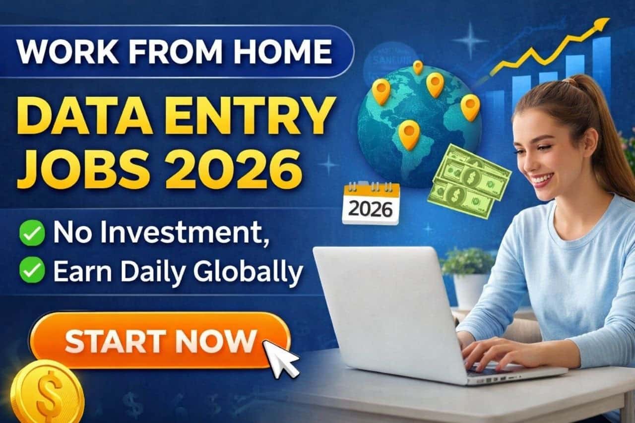 Work from home data entry jobs 2026 banner showing online earning opportunity with no investment worldwide